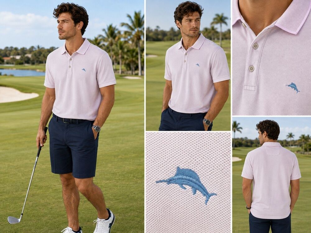 Tommy Bahama Men's Emfielder Pink Short Sleeve Marlin Polo Shirt Size L Golfcore